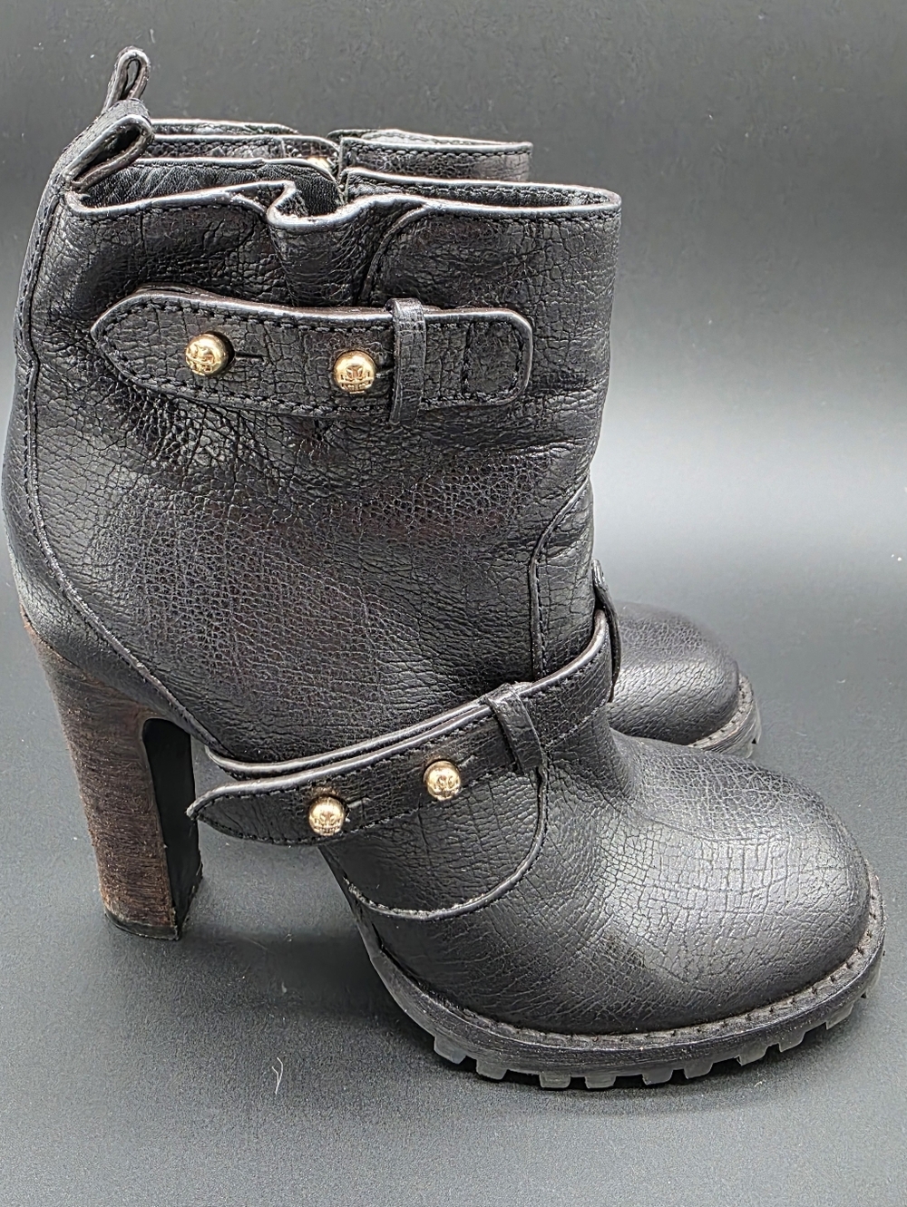 Tory Burch Landers Moto Bootie Womens Size 7M Black Leather Zip Up Stacked Heel